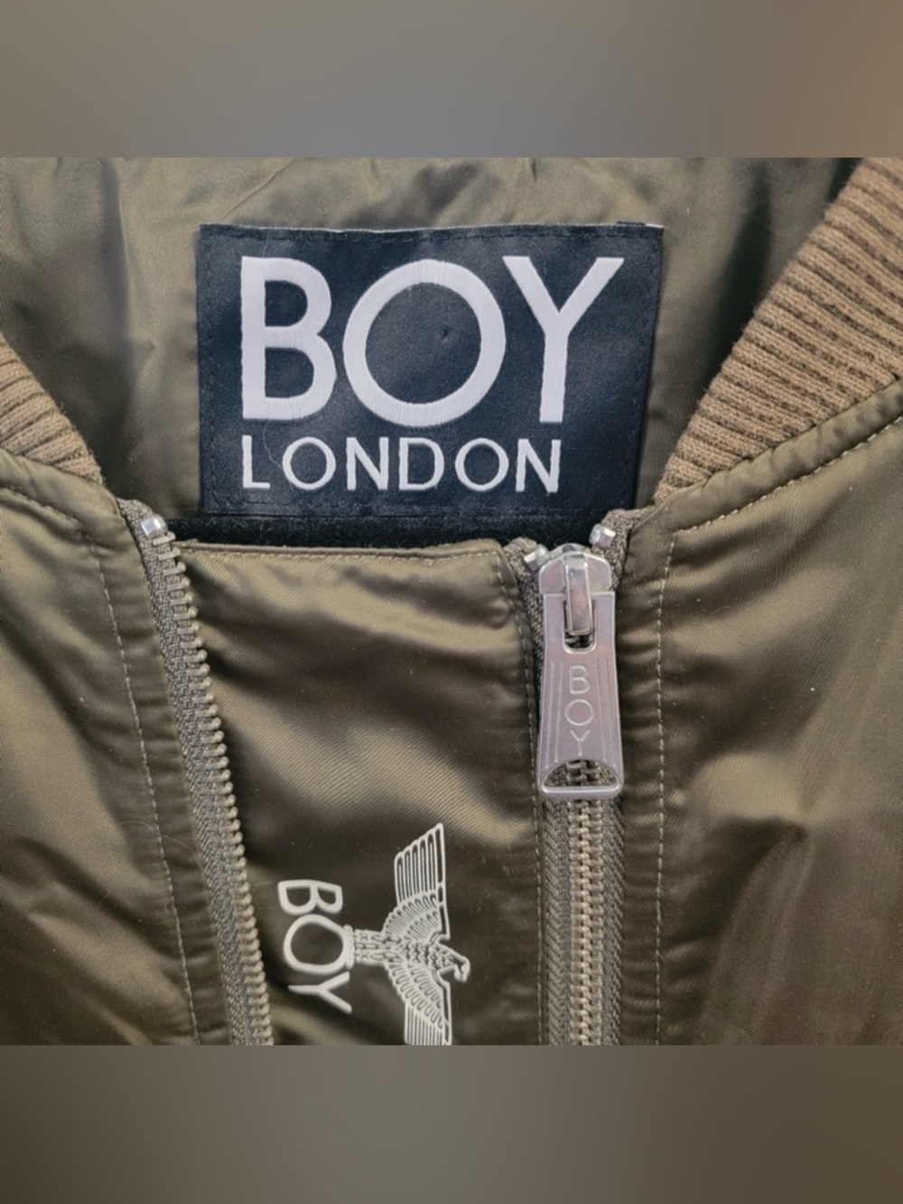 Boy London Jacket Bomber Flight Mens XL Full Zip Graphic Logo Dark Olive - Picture 2 of 7